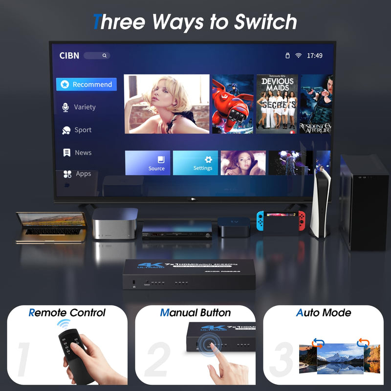 [AUSTRALIA] - HDMI Switch 7 in 1 Out, 4K60Hz HDMI Switcher with Remote, H-DMI Selector Box Support UltraHD Dolby HDR10 2.0 HDCP 2.2 3D, HD-MI Splitter Compatible with Xbox PS5/4/3 Blu-Ray Player Fire Stick Blue 
