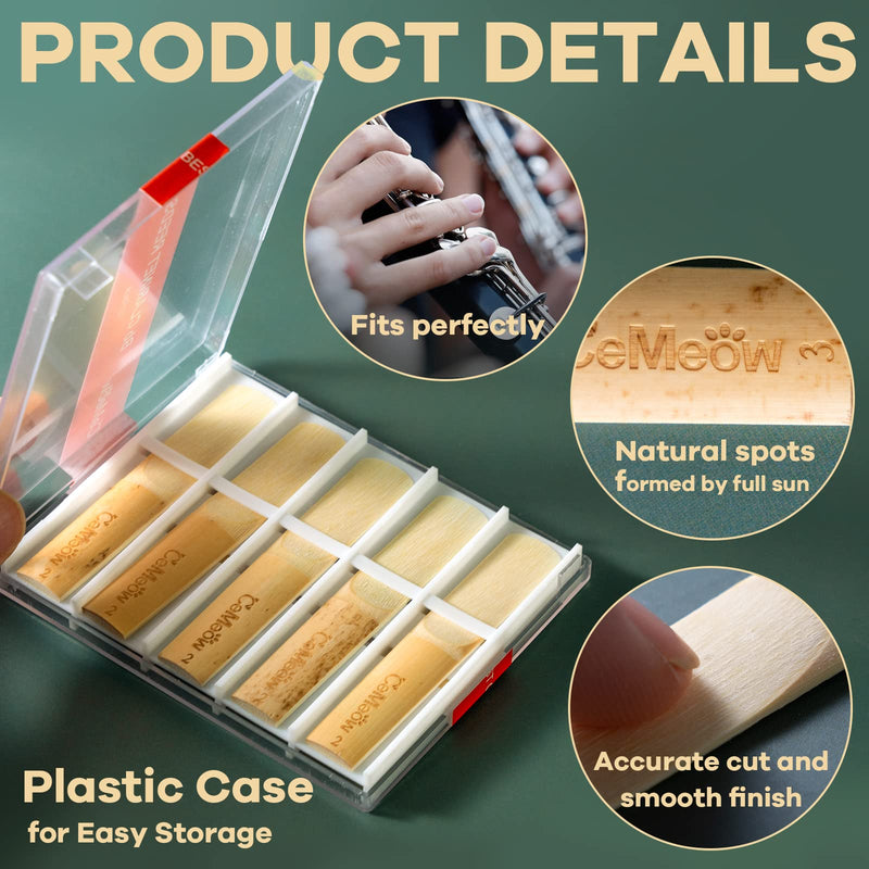 Clarinet Reeds 2.5, CeMeow Traditional Reeds for Clarinet Beginner 10Pack with Plastic Box, Thinner Reed Tip Advanced Cutting Technology for Clarinet Beginner and Player Strength 2.5