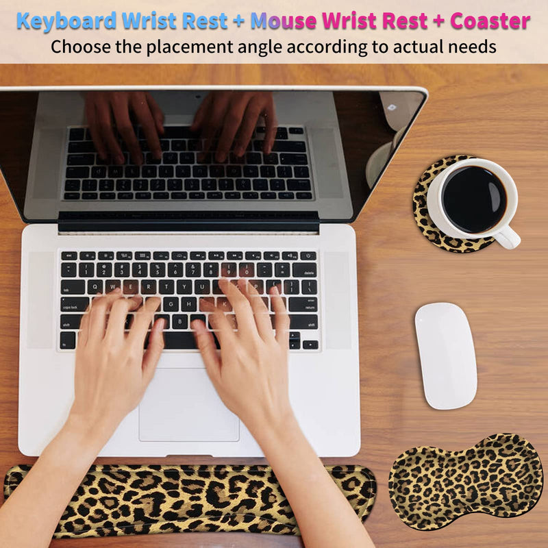 Keyboard Wrist Rest + Mouse Wrist Rest + Coaster Set, Ergonomic Memory Foam Easy Typing Pain Relief, Wrist Support Pad for Keyboard and Mouse Computer Laptop, Leopard