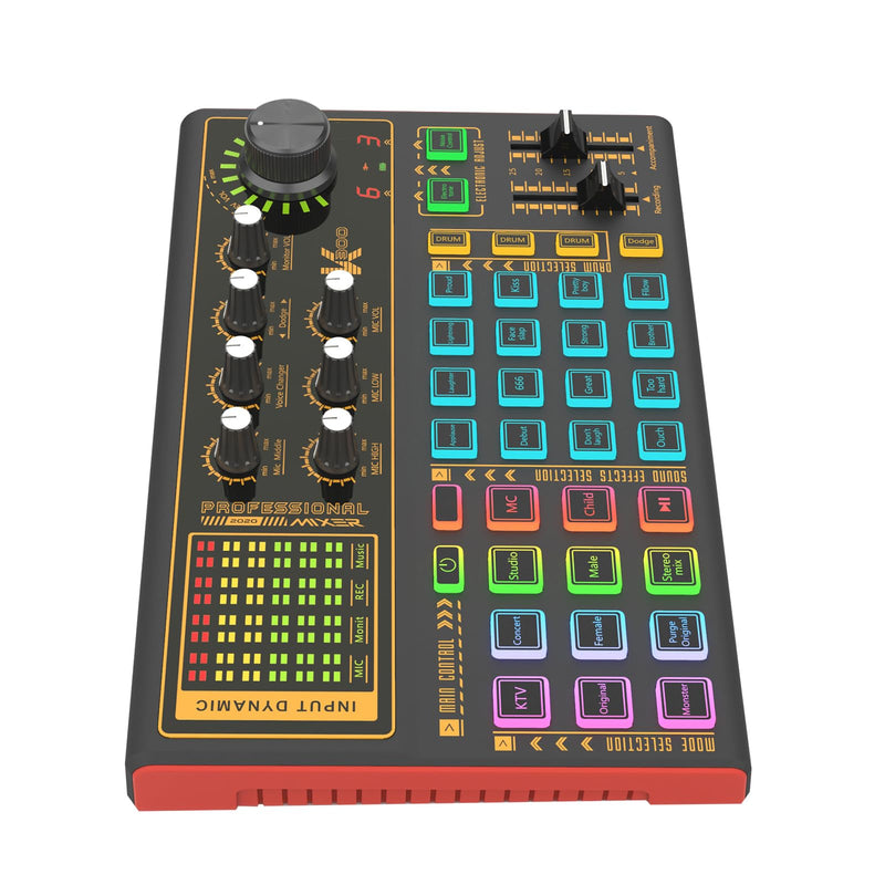 Docooler Professional Audio Mixer, K300 Live Sound Card and Audio with Multiple DJ Mixer Effects, 4 Voice Changes Live Sound Card with Cool 7 LED Light, Prefect for Podcasting/Gaming/Recording/PC