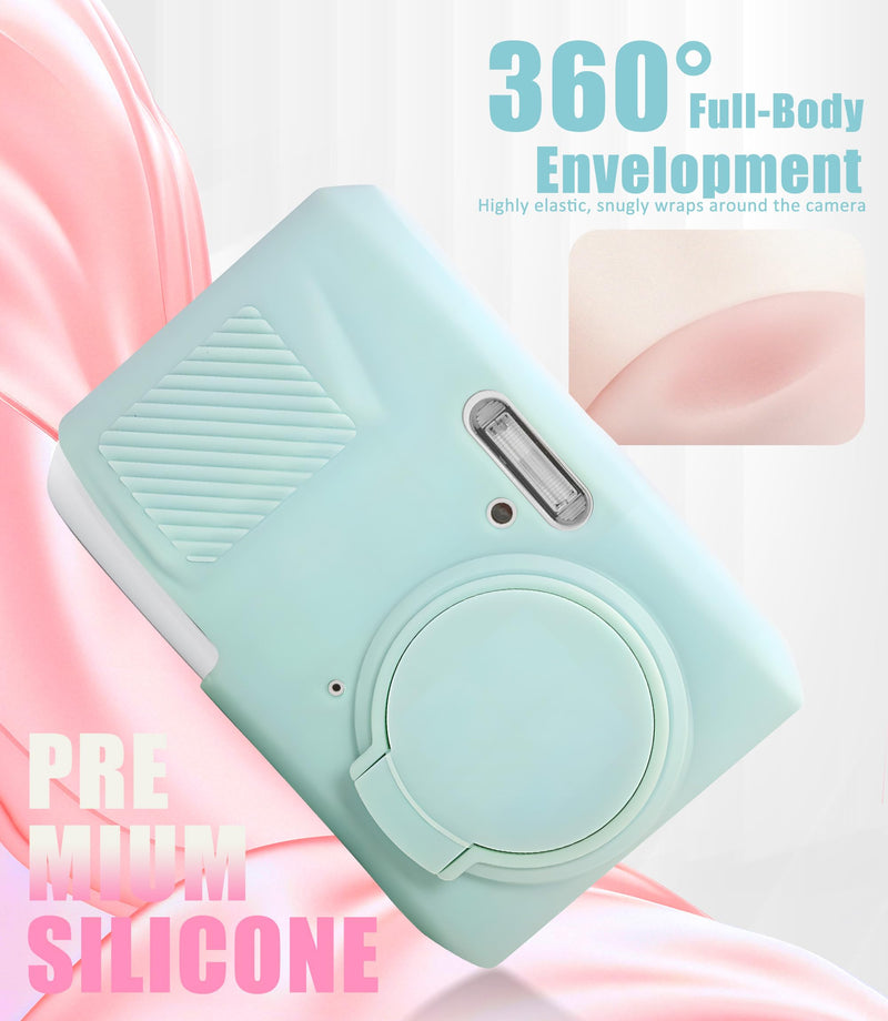 Seltureone Camera Case for Kodak PIXPRO FZ45 with Cute Camera Charm Wrist Strap and Screen Protector, Built-in Lens Cap Soft Silicone Protective Case for Kodak PIXPRO FZ45 Accessories - Mint Green
