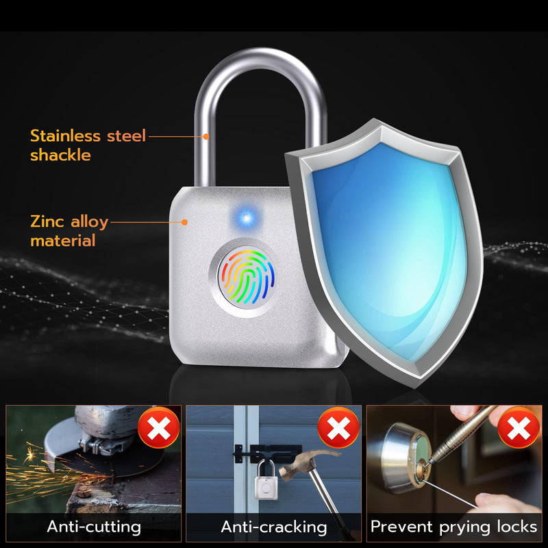 Pothunder Fingerprint Padlock, Smart Padlock, Locker Lock, Biometric Metal Keyless Fingerprint Lock, USB Rechargeable, for Gym Locker, Locker, Luggage, Backpack(Silver) Silver