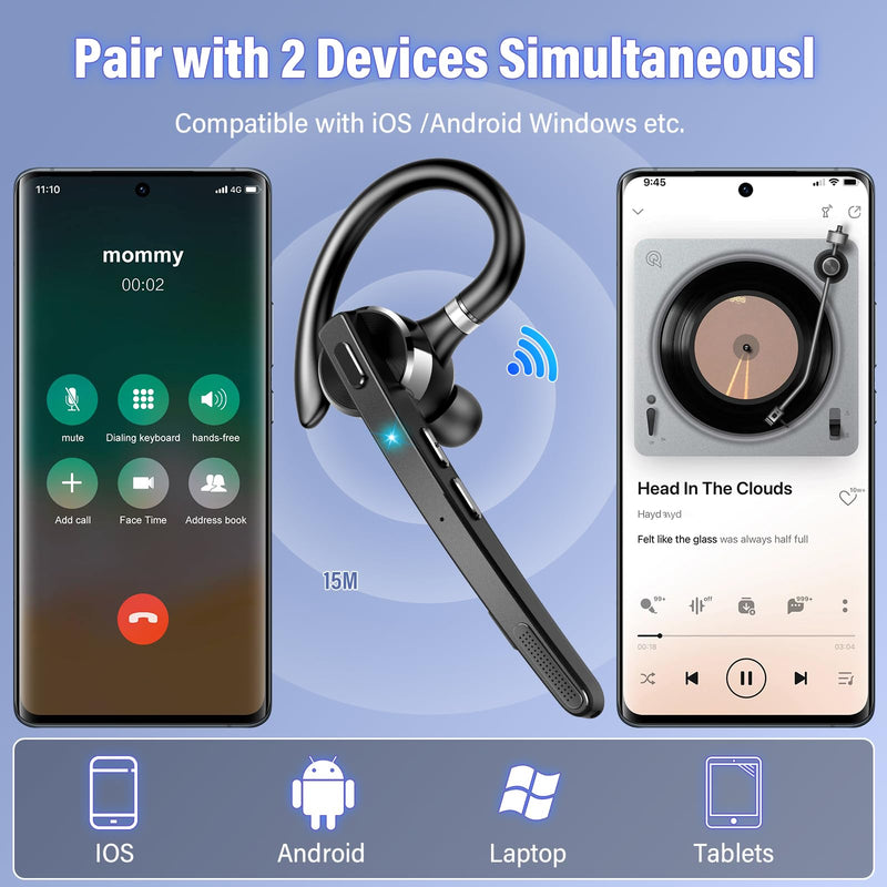 [AUSTRALIA] - Thunelec Bluetooth Headset, Wireless Bluetooth 5.3 Earpiece, 90Hrs Hands Free Headset with APTX HD Audio & Mute Button, Dual Noise Cancelling Mics, Single-Ear Headphone for Trucker/Business/Office/Gym 