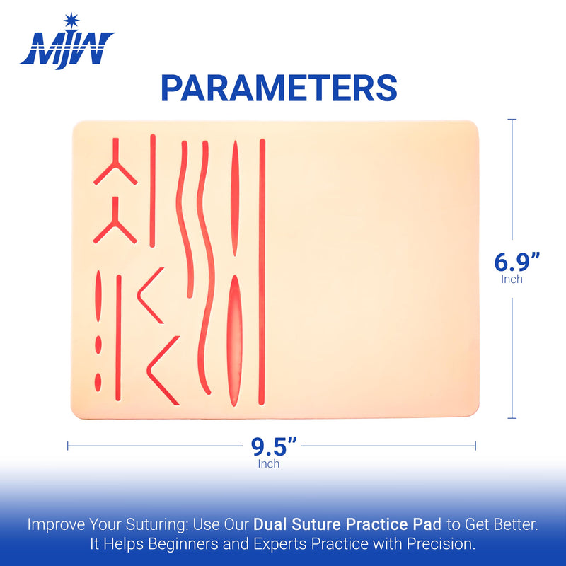 MJW Dual Seam Practice Pad - Two in One Seam Pad, 3 Layers, 14 Pre-Cut Wounds and Unadorned Silicone Skin Seam Exercise Pad of Different Styles - Ideal for Students Suture Training Dual Pad