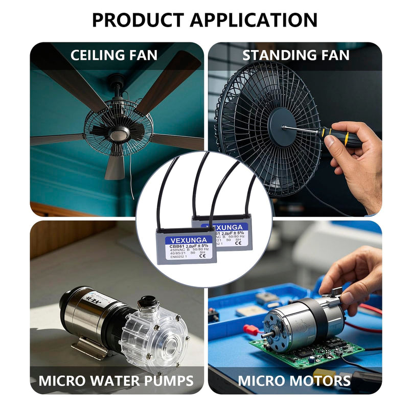 CBB61 Fan Capacitor 2uF 450 Volt Ceiling Fan Capacitors Replacement 2MFD 450V AC 450VAC 50/60Hz 2Wire for Fans Motor Start Run (2Pcs)