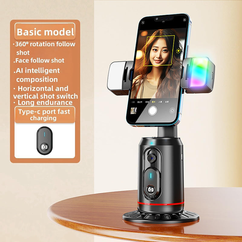 Auto Face Tracking Tripod 360° Rotating Auto Tracking Phone Stand, No App, Gesture Control Smart Shooting Camera Mount with Selfie Light and Remote for Live Vlog Streaming Video Tiktok-Rechargeable