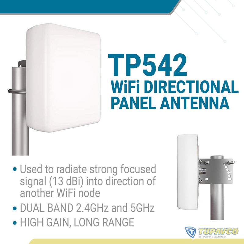 Dual-Band Outdoor Directional Panel Antenna (2.4GHz & 5GHz Signal) | Wireless network signal antenna w/ high gain (13dBi) 2.4GHz/5GHz WiFi capabilities, weatherproof, long range - Tupavco TP542 Ø30-Ø50mm