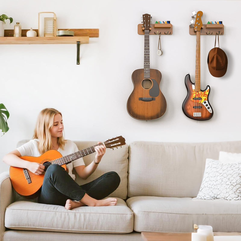 USION 2-Pack Guitar Wall Mount, Adjustable Guitar Hanger Wall Mount with Pick Holder and 2 Hooks Wood Guitar Wall Hangers, Guitar Holder for Acoustic, Electric, Bass, Ukulele(Brown 2PCS) brown 2PCS