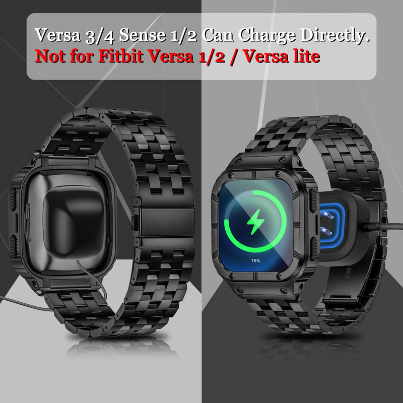 SUPLINK Stainless Steel Case & Band Compatible with Fitbit Versa 4/3/2/Lite/Sense 2/Sense Watch Bands, Men, Protector Cover Strap, Black&Gold