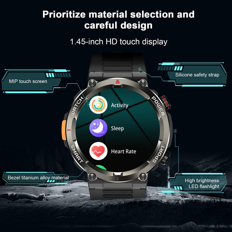 Military Tactical Smart Watches for Men, 1.45" Smart Watch for Android and iPhone, Fitness Tracker Watch with Compass & Flashlight/30-Day Battery/IP68 Waterproof/Heart Rate/120+ Sport Modes(2 Straps) Black W50pro2