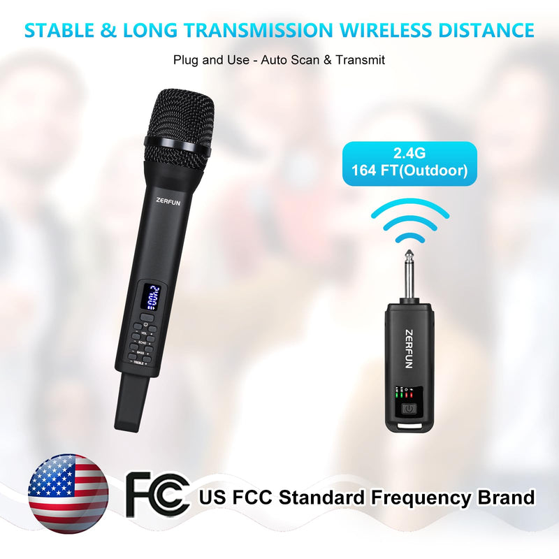 Rechargeable Wireless Microphone, Pro Handheld Cordless Mics System Dynamic with Echo Treble BASS VOL Control for Karaoke Singing Church Party, 1/4'' Output, D240, Black 1 Mic