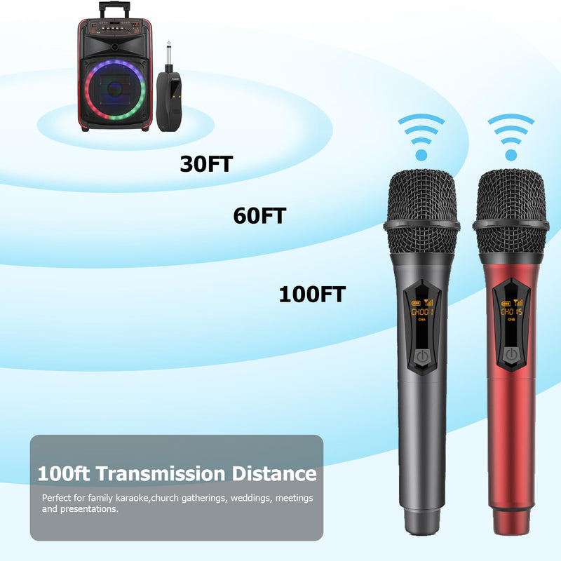 Aveek Wireless Microphone for Karaoke, Rechargeable Karaoke Microphone(Work 10hs), for Speaker, Karaoke Machine,Church, Speech, Wedding, Party Singing, Grey&Red, 2 Packs red&gray