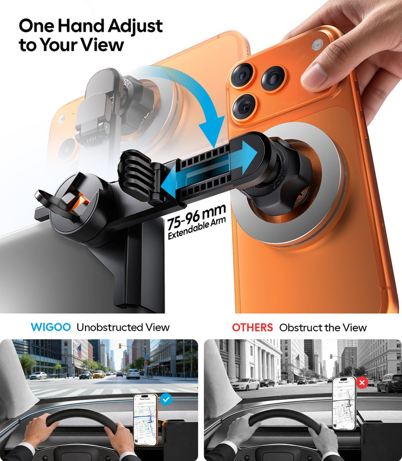 Wigoo for Tesla Model 3/Y/YL Accessories Magnet Phone Mount, Extendable Arm | Strongest Magnet, No View Blocking, No Glue, Screen Side Holder, Provide Magnetic Ring for MagSafe iPhone 17-12 & Android