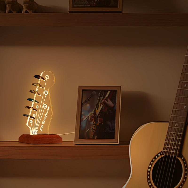 Light Up Guitar Pick Holder, Acrylic Electric Guitar Headstock Shaped Pick Holder with Wooden Base for Picks Storage and Display, Gift for Guitar Players Guitarists Guitar Pick Holder-a