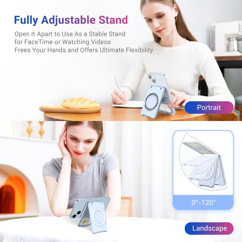 PROfezzion Magnetic Wallet Card Holder for MagSafe, RFID Blocking Hard Shell 4 Credit Card & Money Pocket Magnetic Wallet Stand for iPhone 15 14 13 12 Plus Max Not for iPhone 13/12 mini B-BLUE