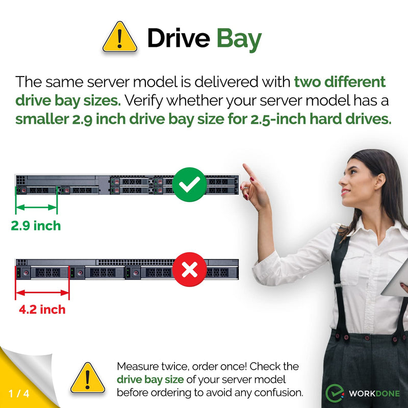 WORKDONE 2-Pack 2.5" SFF Bracket - fits Dell PowerEdge 17-14th Gen DXD9H | Only for smaller 2.9" Wide Hot-Swap Bay, R570 R670 R770 R260 R360 T560 R660 R6615 R6625 HS5610, Bright LED, Tray Sled, Manual
