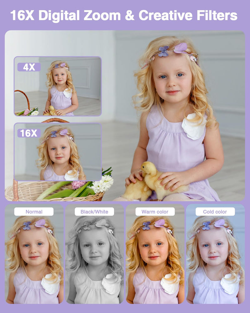 Digital Camera, FHD 1080P Kids Camera with 32GB Card, 2 Batteries, Lanyard, 44MP 16X Zoom Anti Shake, Compact Portable Point Shoot Mini Camera for Kids Teens Students Children Girls Boys(Purple) Purple