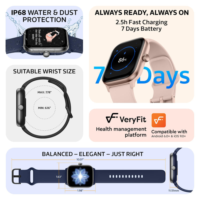 Pulse 2 VeryFit Smart Watch for Men Women Fitness Tracker Watch (Black) | Alexa, 1.85" AMOLED Screen, Body Energy, Heart Rate, Oxygen Saturation, Stress, Sleep Monitor, Step Tracker, Bluetooth Call Graphite Black