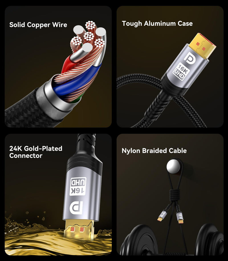 Sniokco 80Gbps DisplayPort Cable 2.1 15FT 16K DP Cable 16K@60Hz 8K@240Hz | Support 4K@540Hz 360Hz 240Hz Compatible with HDR HDCP 2.3 DSC FreeSync G-Sync Monitor Graphics RTX 5090 4090 PC HDTV