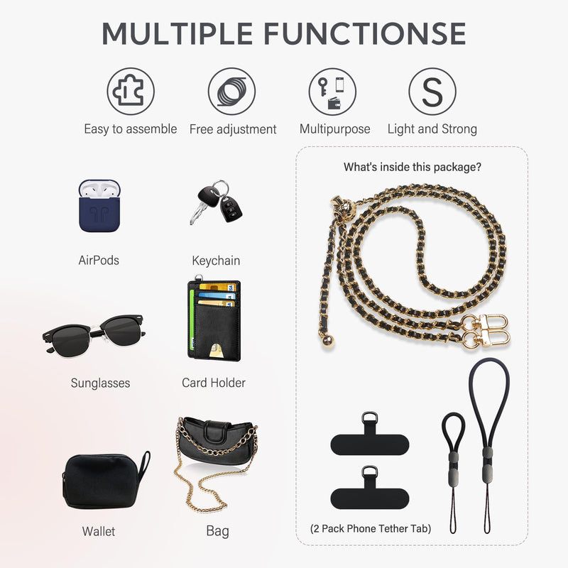 BFSD·DM Phone crossbody strap, 2× Pads,1× Leather Phone Strap,1× Phone Wrist Strap,1× Adjustable Finger Strap,Universal Crossbody Patch Phone Lanyards,Compatible with Most Smart, phone lanyard Gold/Black Adjustable
