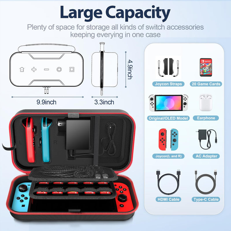 Switch OLED Carrying Case Compatible with Nintendo Switch & Switch OLED, Portable Switch Travel Carry Case Fit for Joy-Con and Adapter, Hard Shell Protective Switch Pouch Case with 20 Games, Red