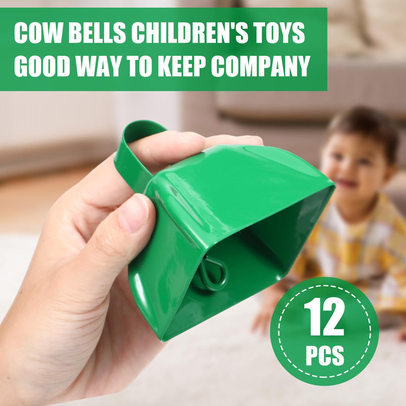 Therwen 12 Pack Metal Cow Bells Noise Makers with Handle 3 Inch Hand Percussion Cowbells Bulk Loud Call Bell for Sporting Events Cheering Football Games Team Spirit Weddings Party Noisemakers (Green) Green