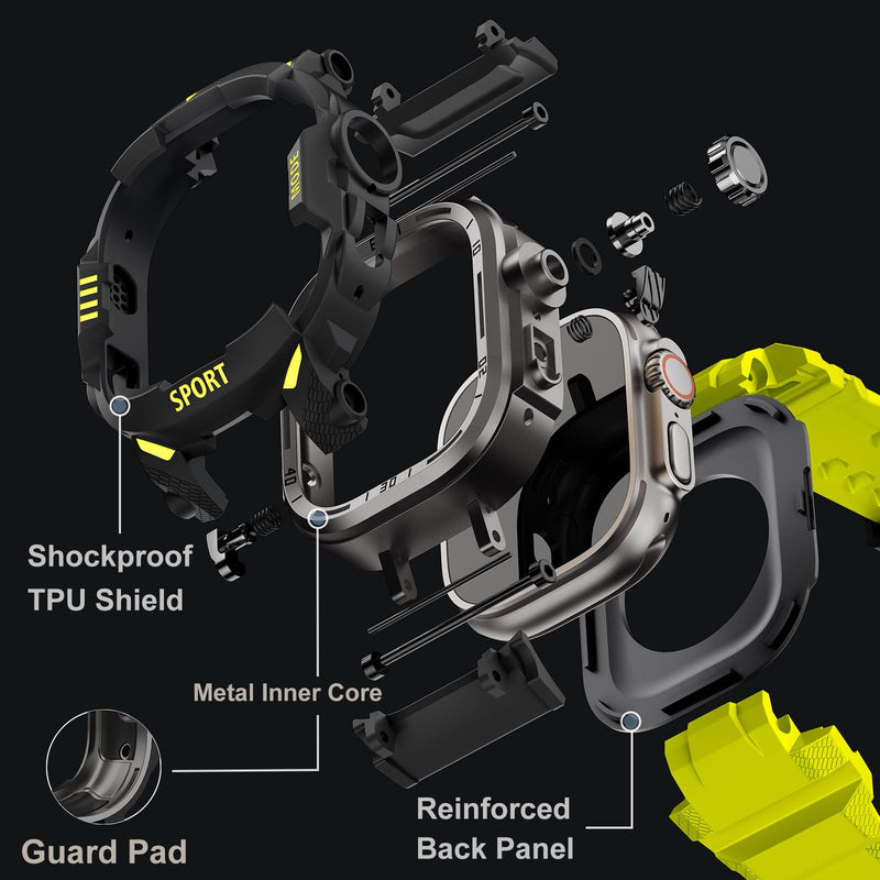 DABAOZA Rugged Case with Band Men Tactical Compatible with Apple Watch 49mm | Screen Protector Military Grade Shockproof Bumper Men Tactical Heavy Duty Strap,for iWatch Ultra 3/2/1,Fluorescent Green 49MM Fluorescent Green