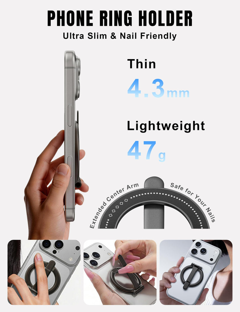 Magnetic Car Phone Mount 2-in-1 Detachable Ring Grip & Windshield Dashboard Vacuum Suction Phone Stand Finger Ring Kickstand Holder for Magsafe Compatible with iPhone 17 16 15 Pro Max Android Black & Gunmetal Gray