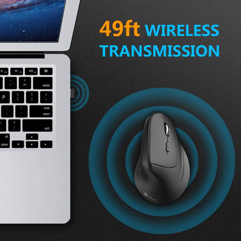 Ergonomic Mouse, iClever WM101 Wireless Vertical Mouse 6 Buttons with Adjustable DPI 1000/1600/2000/2400 Comfortable 2.4G Optical Ergo Mouse for Laptop, Computer, Desktop, Windows, Mac OS, Gray Black