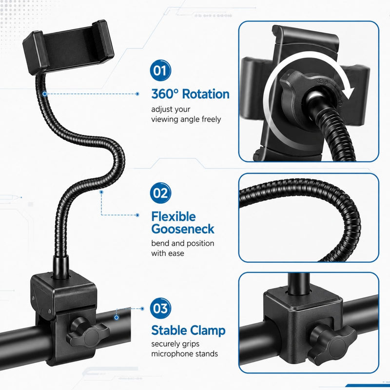 Mic Stand Phone Holder,phone holder for mic stand,Flexible Gooseneck phone mic,guitar 360°Adjustable for iPhone 14 13 12 MAX Pro Samsung Galaxy All Smartphones