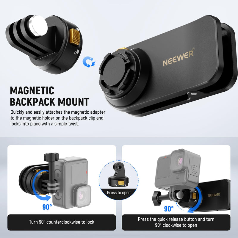 NEEWER Backpack Mount Magnetic Quick Release Strap Clip Compatible with Hero 12 11 10 9 8 DJI Action 4 3 Insta360, Shoulder Bag Belt Strap Mount for POV Video Recording Vlog, GP22