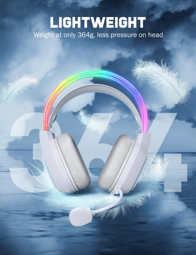 Gaming Headset with Microphone, RGB Lights, Detachable Cat Ear, Lightweight Over-Ear Headphones with Adjustable Headband for PC, PS4, PS5, Mac, Switch, Surround Sound, in-Line Control, White