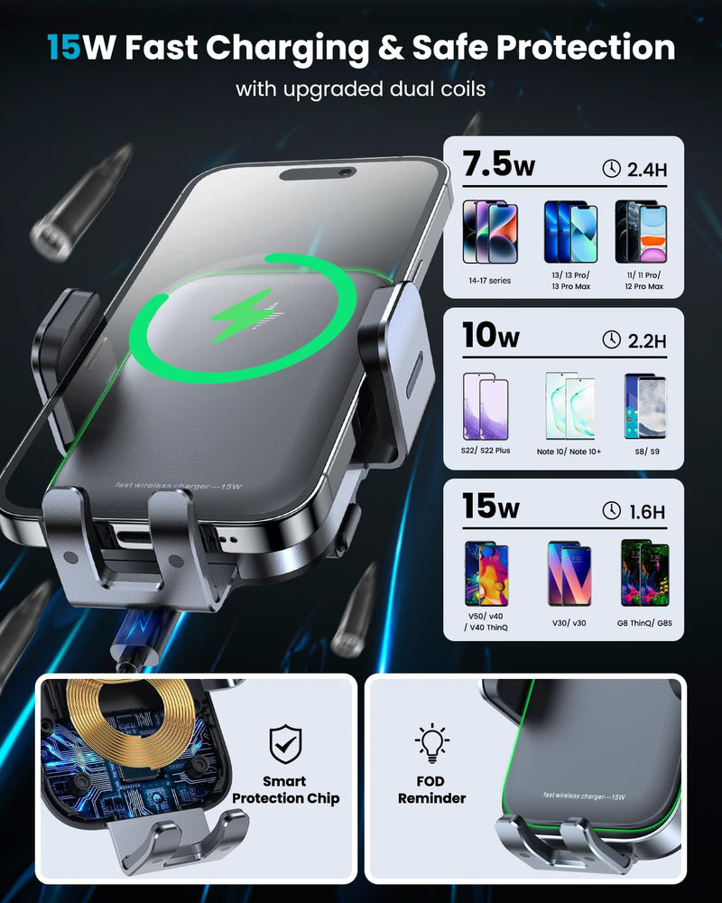 APPS2Car 15W Wireless Car Charger Cup Holder, Dual Coil, Auto Clamping | Tri-Pivots Height Adjustable Fast Charge Phone Wireless Charging Mount for Cars SUVs Trucks, for iPhone 12-17, Samsung, etc.