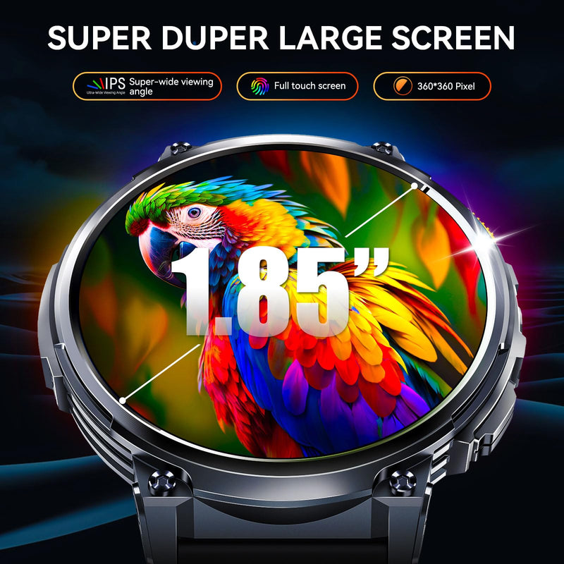 1.85” Big Screen Military Smart Watch for Men with LED Flashlight 2 Straps | Rugged Smart Watch, 730mAh Battery, 100+ Sports Modes, Fitness Watch, Heart Rate Monitor, Sleep Tracker Black Stainless Steel