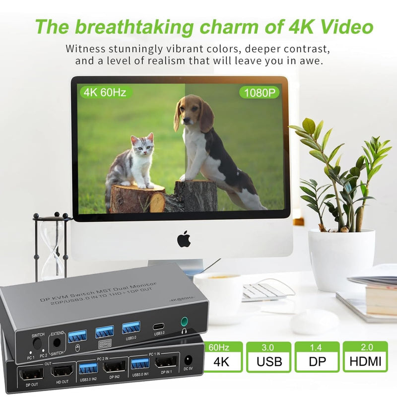 Dual Monitor Displayport KVM Switch 2 Monitors 2 Computers 4K 60Hz HDMI+DP 4 USB3.0 KVM Switcher 2DP in HDMI+DisplayPort Output KVM Switcher for 2 PC Sharing Keyboard Mouse Mic and Audio Output (Gray) Gray