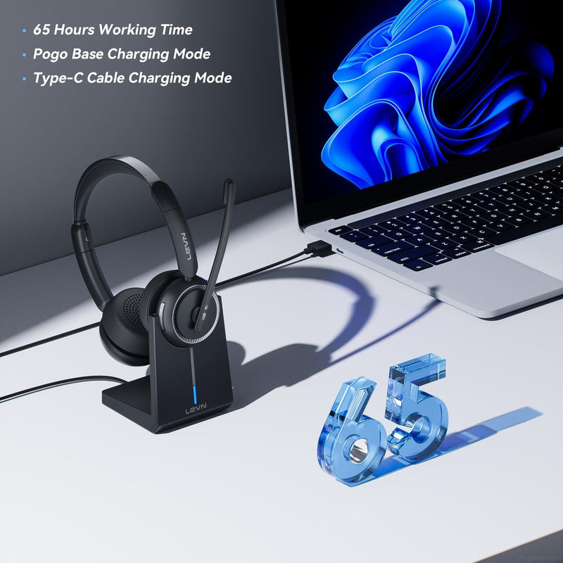 Wireless Headset with Mic for Work, Bluetooth Headset with Microphone (Noise Cancelling & Mute Button), Wireless Headphones with Mic for Work from Home/Office/PC/Call Center/Computer/Laptop/Teams/Zoom