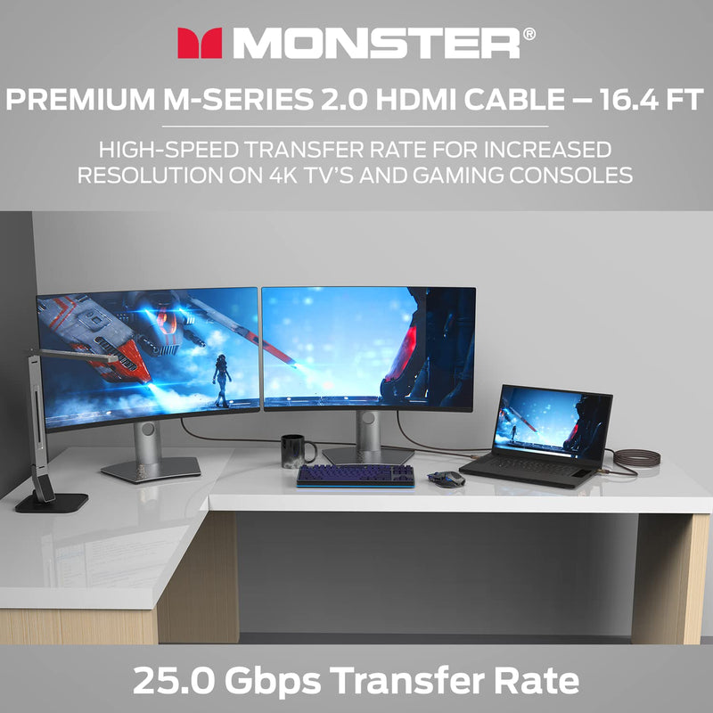 Monster M-Series Certified Premium HDMI Cable 2.0, High-Speed 22.5 Gbps, 4K UHD 60Hz, Triple-Layer Shielding, Duraflex Jacket, HDMI Cable for TV, Monitor, Gaming, PC, 16.4 ft 16.4-Feet