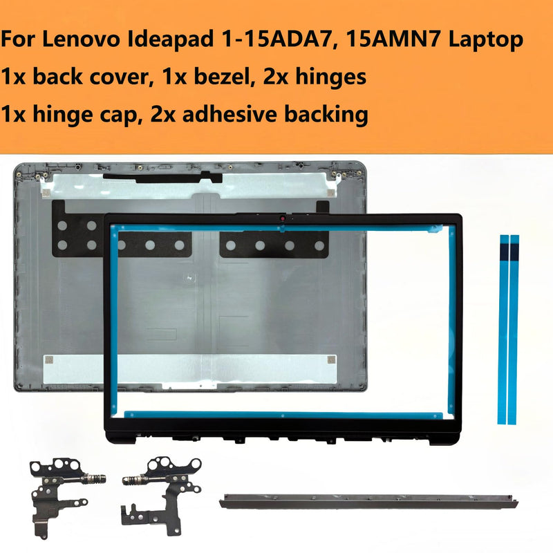 Replacement LCD Back Cover Kit for Lenovo Ideapad 1-15ADA7 | Ideapad 1 15AMN7, Top Lid with Bezel, Hinges and Hinge Cap, 5CB1F36621, 5CB1M48453, Grey Plastic Laptop Cover