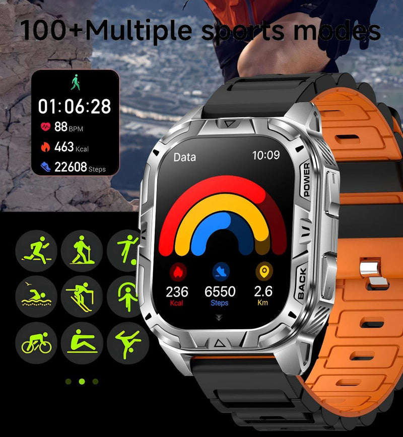 Yihou Mens Military Smart Watch for Men 2.01” Full Touch Screen Bluetooth Calling Heart Rate Sleep Monitor Step Counter Calorie Tracker IP68 Waterproof Outdoor Smartwatch 900mAh Long Battery Life Black-SS