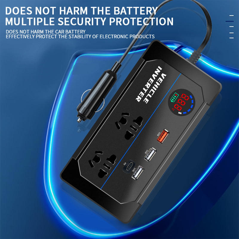 200W Car Power Inverter, DC 12V to 110V AC Car Plug Adapter Outlet with 4 USB Fast Charging Port(3xUSB A, 1xUSB C), LED Display, Dual AC Outlet, Power Inverter for Vehicles, Laptops, Phones, Black
