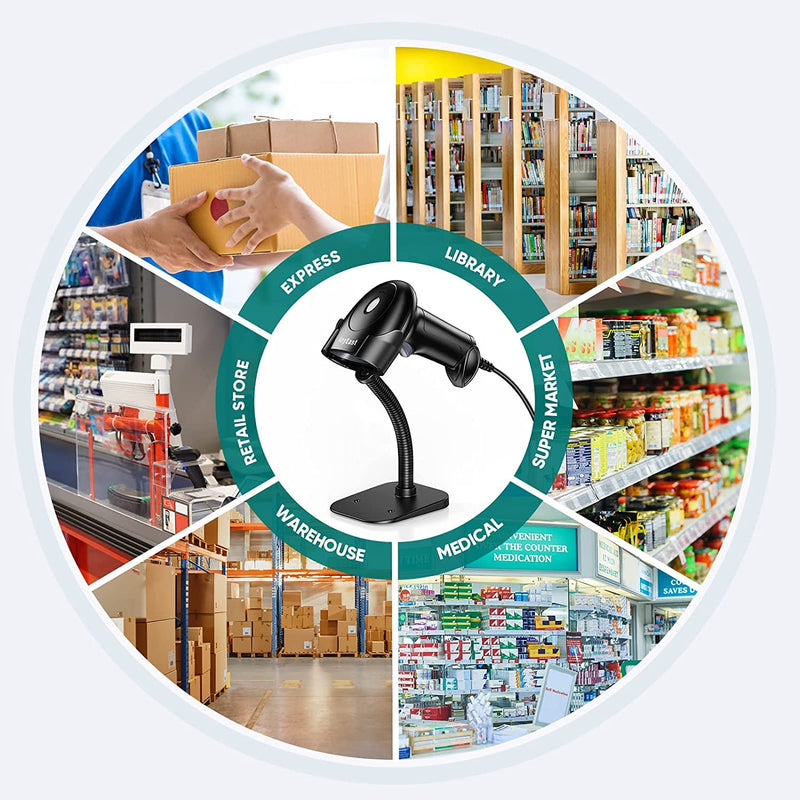 Barcode Scanner with Stand, USB Wired Inventory 2D 1D QR Code Scanners for Computer POS Support Automatic Screen Scanning, Handheld CMOS Image Bar Code Reader for Warehouse Library Supermarket