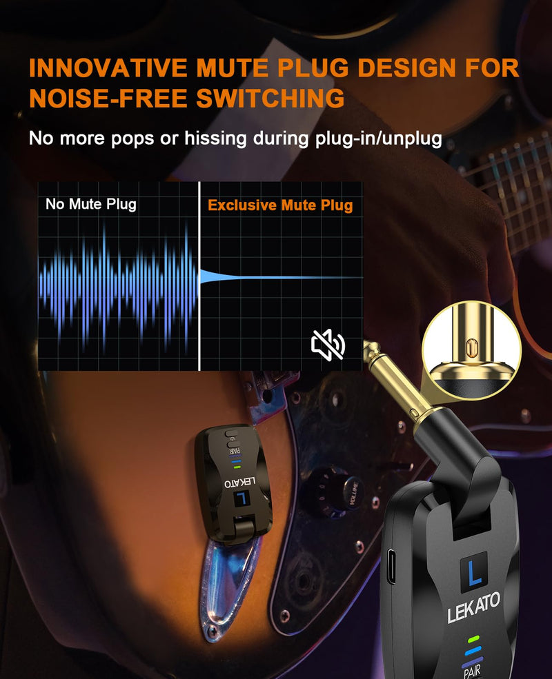 LEKATO 2.4Ghz Wireless Guitar System Exclusive Mute Plug for Electric Guitar Bass, Audio Wireless Guitar Transmitter and Receiver with 18 Channels Rechargeable Guitar Wireless System for Guitar