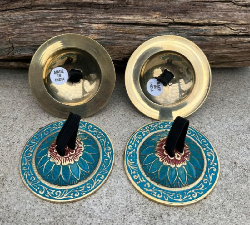 [AUSTRALIA] - 2 Pairs Brass Floral Finger Cymbals Zills for Belly Dancing (Turquoise) Turquoise 