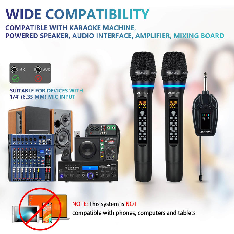 Dual Wireless Microphones Rechargeable, UHF Metal Wireless Mic System Cordless Microphone Professional with Echo Treble BASS VOL Channel Control for Karaoke Singing Church Events WM-2 A