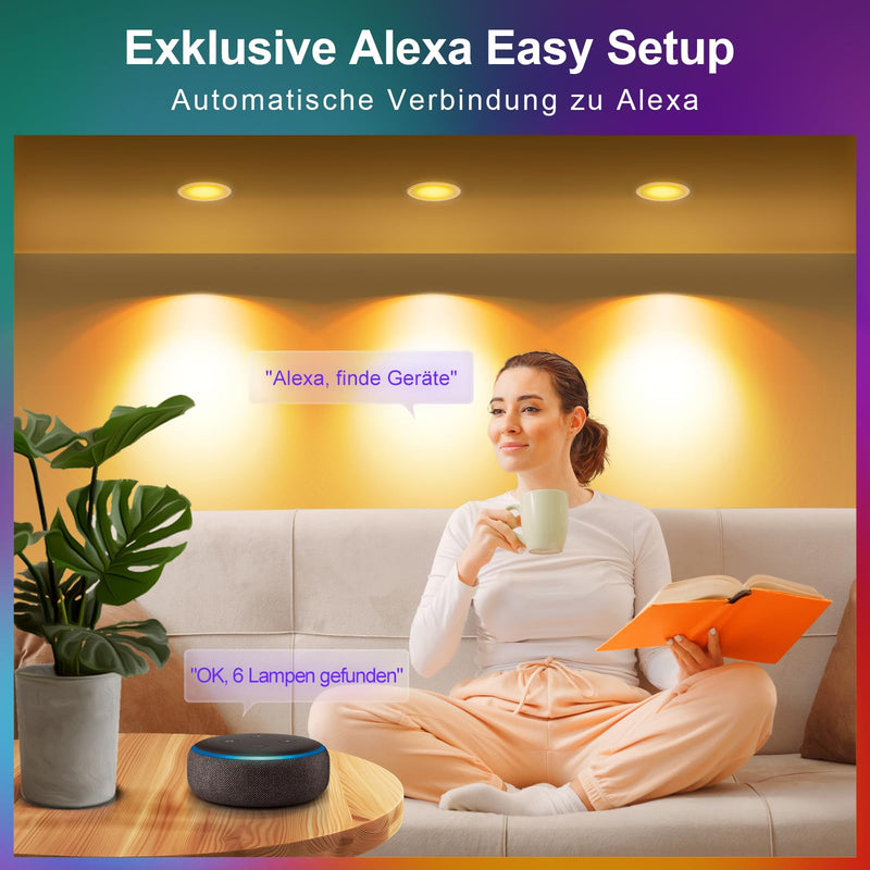 [AUSTRALIA] - VARICART LED Recessed Spotlight 230 V RGB Alexa, Smart LED Spot Flat Bluetooth 7 W 2700 K-6000 K, Recessed Spotlights, Dimmable, Colourful, Set of 6, IP44 68 mm Recessed Lights, App Control, Colours 7W Ø68-85mm Lochmass 