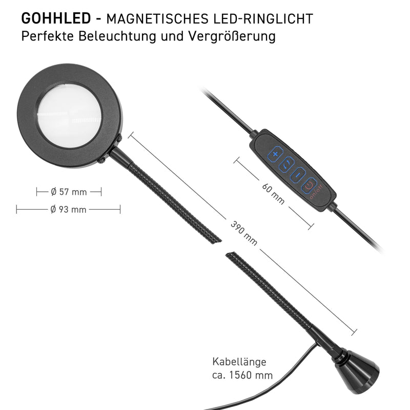 [AUSTRALIA] - GALLUNOPTIMAL Magnetic Magnifying Lamp with LED Ring Light & Gooseneck - 3 Light Colours Dimmable - USB-A Port - Accessories for GOHH200/400/500 Assembly Fixings LED-Ringlicht mit Lupe 