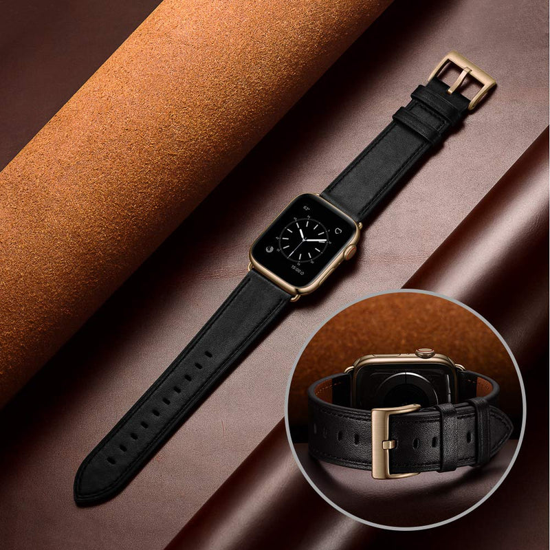OUHENG Compatible with Apple Watch Band 42mm(Series 10) 41mm 40mm 38mm, Genuine Leather Band Replacement Strap Compatible with Apple Watch (Black+Black/Bronze Gold)