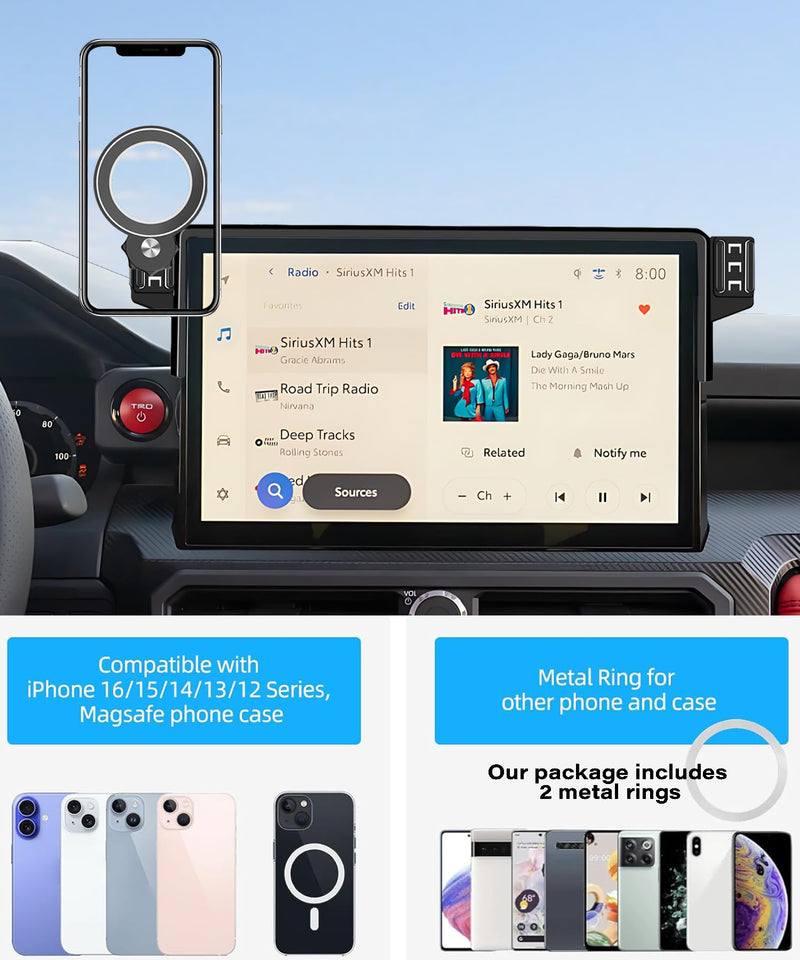 Car Phone Holder for Toyota Tacoma 2024-2026/4Runner 2025 Accessories | 14" Touch Screen Clip-On MagSafe Strong Magnetic Cell Phone Mount, 360° Rotatable Hands-Free Holder, Not Block Air Vents fit for 2024-2026 Tacoma / 2025 4Runner (14 inch)