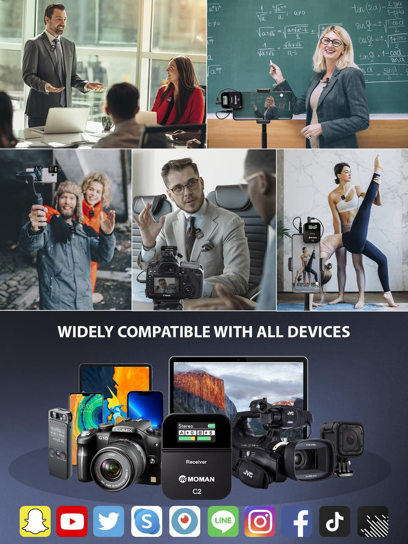 Moman Wireless Lavalier Microphone C2X, 2.4G Dual Transmitter Lapel Mic 656FT 8H for Online Class Vlog Stream YouTube for Camera Smartphone Tablet (C2X Dual) C2X Dual