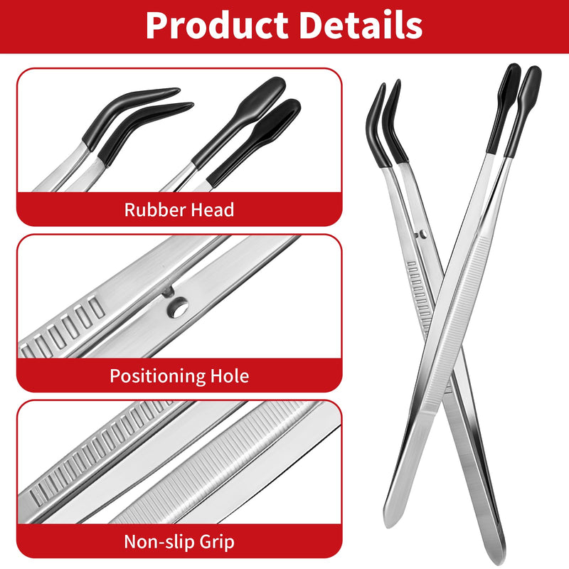 Pack of 2 Long Plastic Craft Tweezers with Rubber Tips and PVC Coating - Flat, Non-Slip, Curved and Angled Tweezers - Metal Sticker Tweezers for Repair and Jewellery (Black) Black